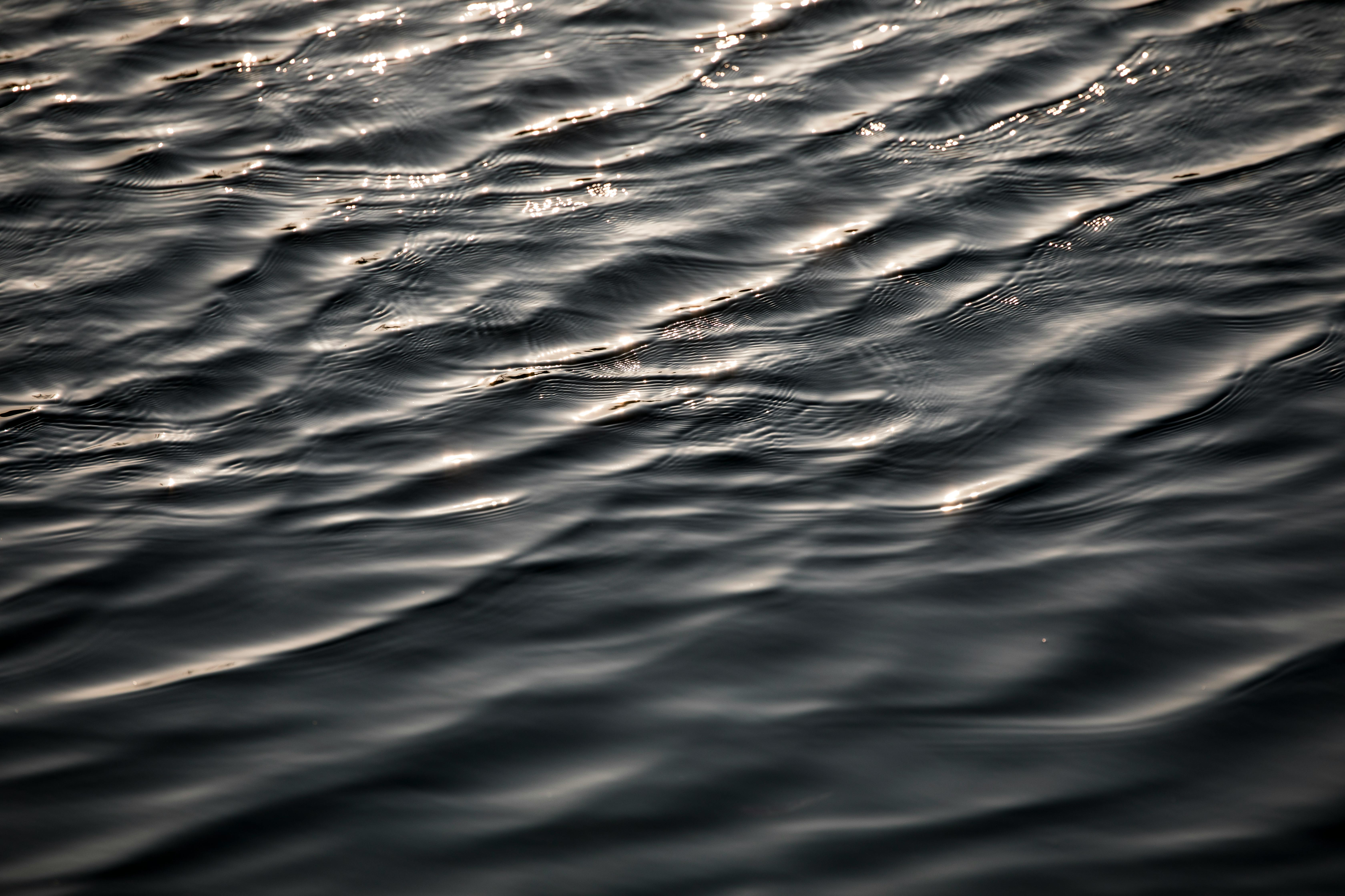 Free Close-up view of rippling water surface with sunlight reflections creating a tranquil effect. Stock Photo