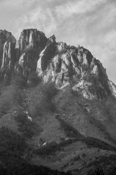 Black and white photo of Ulsanbawi Rock, highlighting its rugged beauty in Seoraksan National Park.