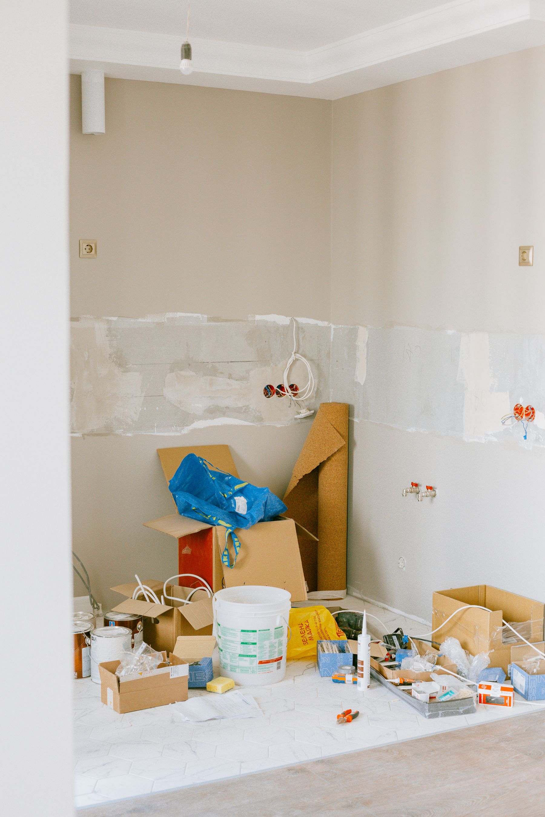 Interior renovation work area with tools and project preparation
