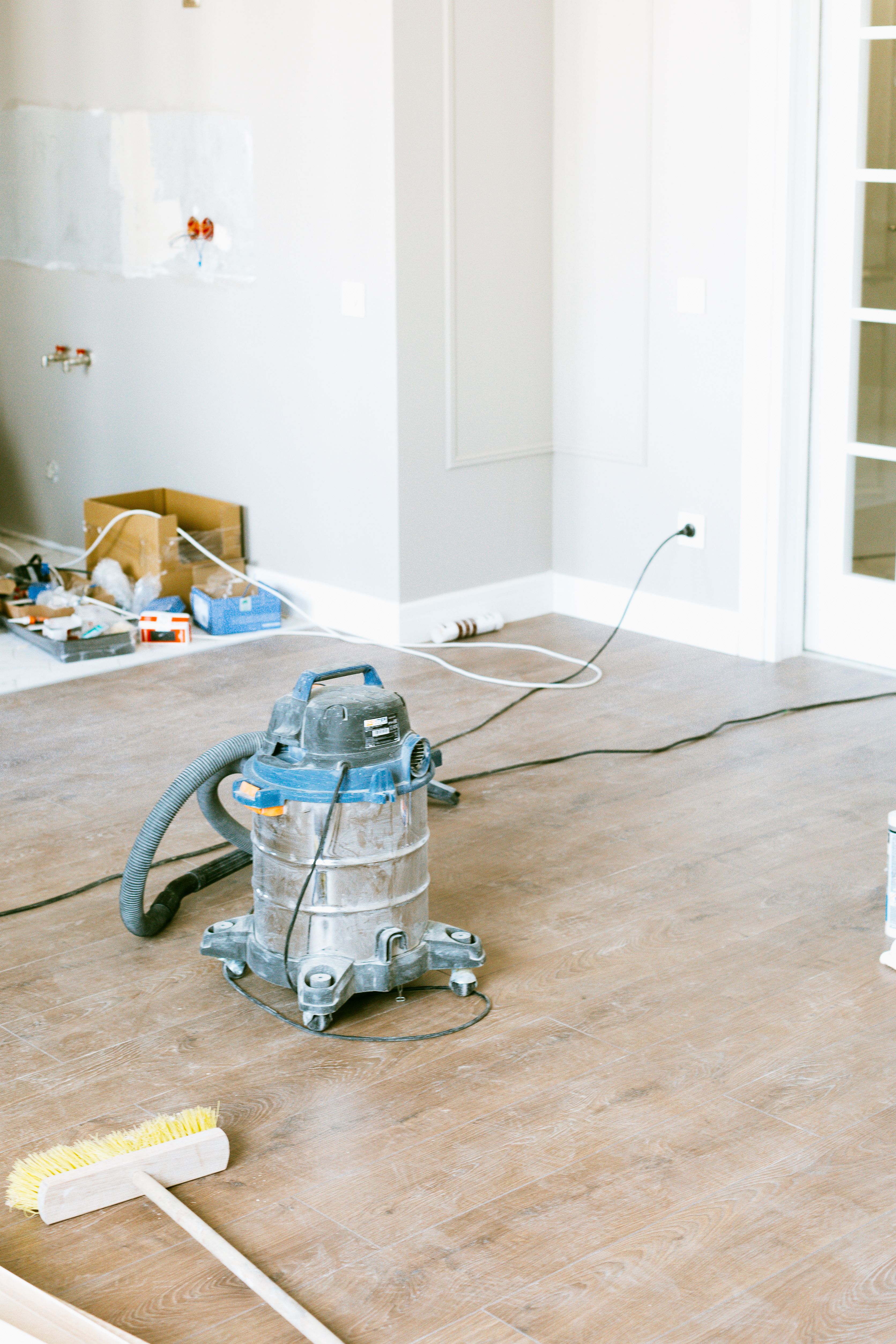 Vacuum and renovation tools in a room prepared as a work zone