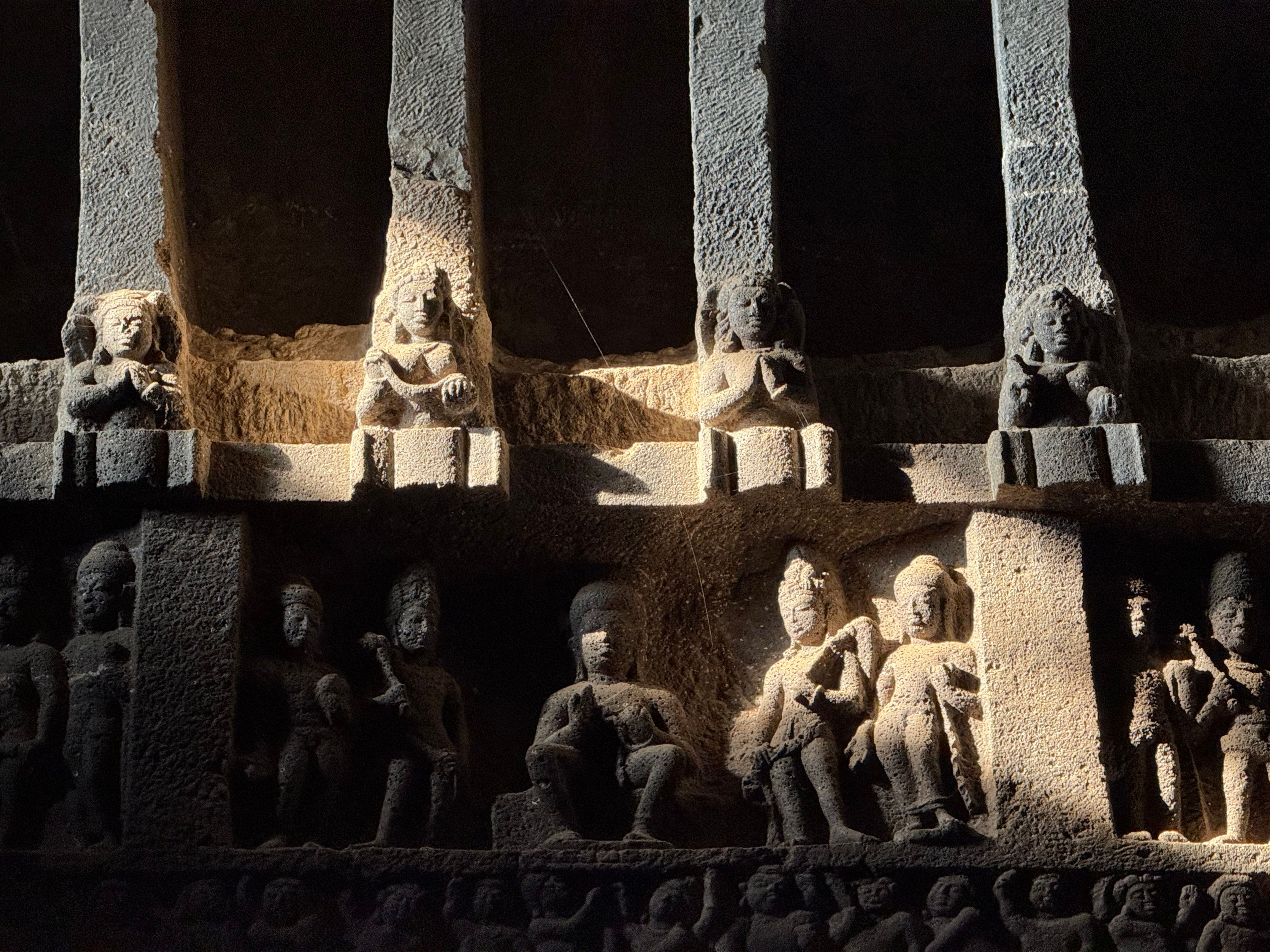 Rock-cut Trimurti sculpture inside the main cave at Elephanta Island
