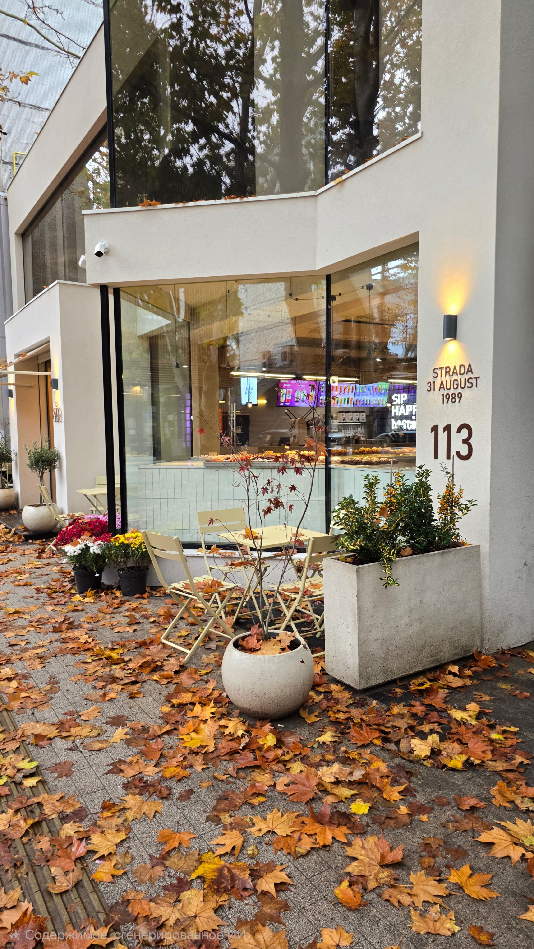 Charming Cafe Exterior with Autumn Leaves · Free Stock Photo