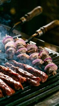 Close-up view of juicy meat and vegetable skewers sizzling on a grill, creating a smoky and appetizing scene.