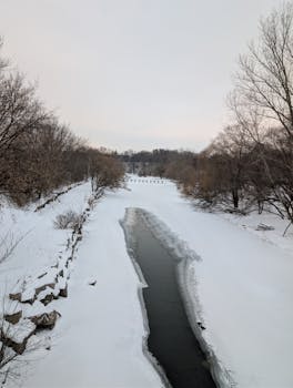 A serene winter landscape featuring a river flanked by snow-covered trees and rocks.