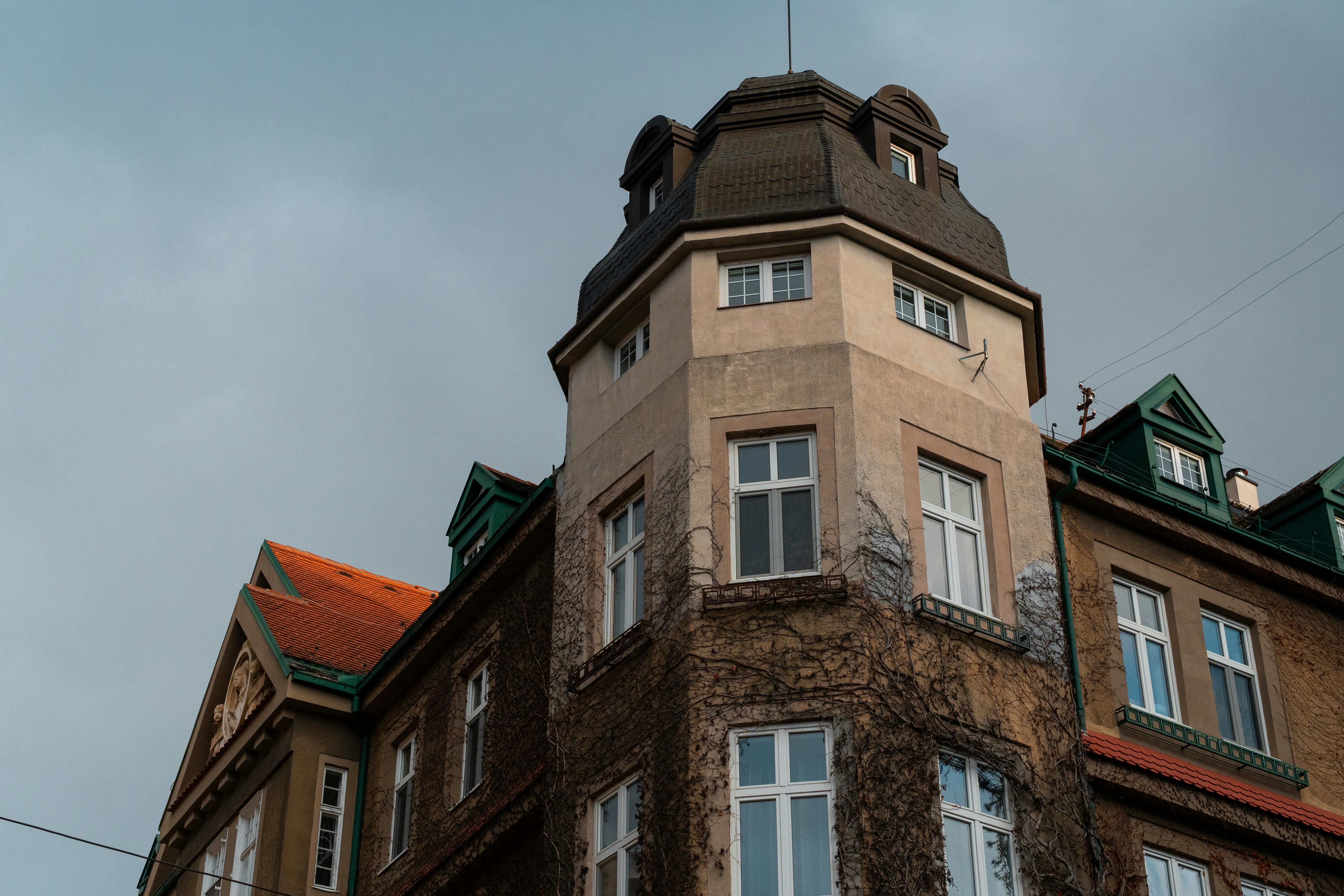 Gratis Elegante edificio in stile europeo antico con pareti ricoperte di edera e tetti dai colori vivaci, catturato nella morbida luce autunnale. Foto a disposizione