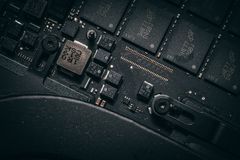 Detailed macro shot of electronic circuit board showing microchips and components.