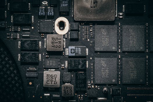 Detailed close-up of a computer circuit board highlighting electronic components and intricate design.