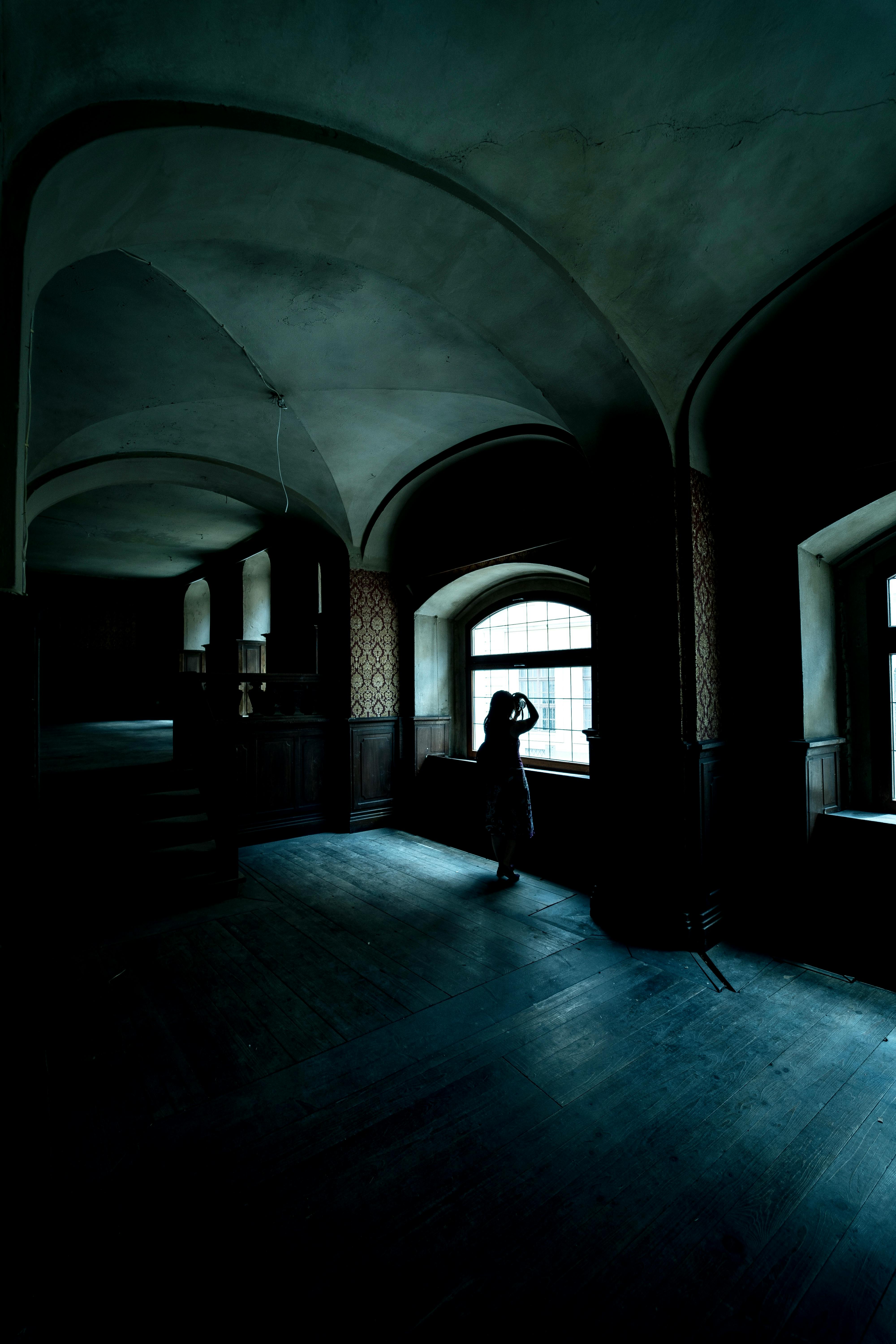 Gratis Atmósfera misteriosa con silueta junto a la ventana en una habitación arqueada oscura. Foto de stock
