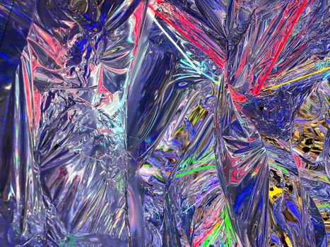 Vibrant abstract image of neon light reflections on crumpled foil with futuristic patterns. — photo by Logan Voss