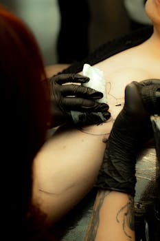 Tattoo artist carefully works on a client's chest in a professional studio setting.