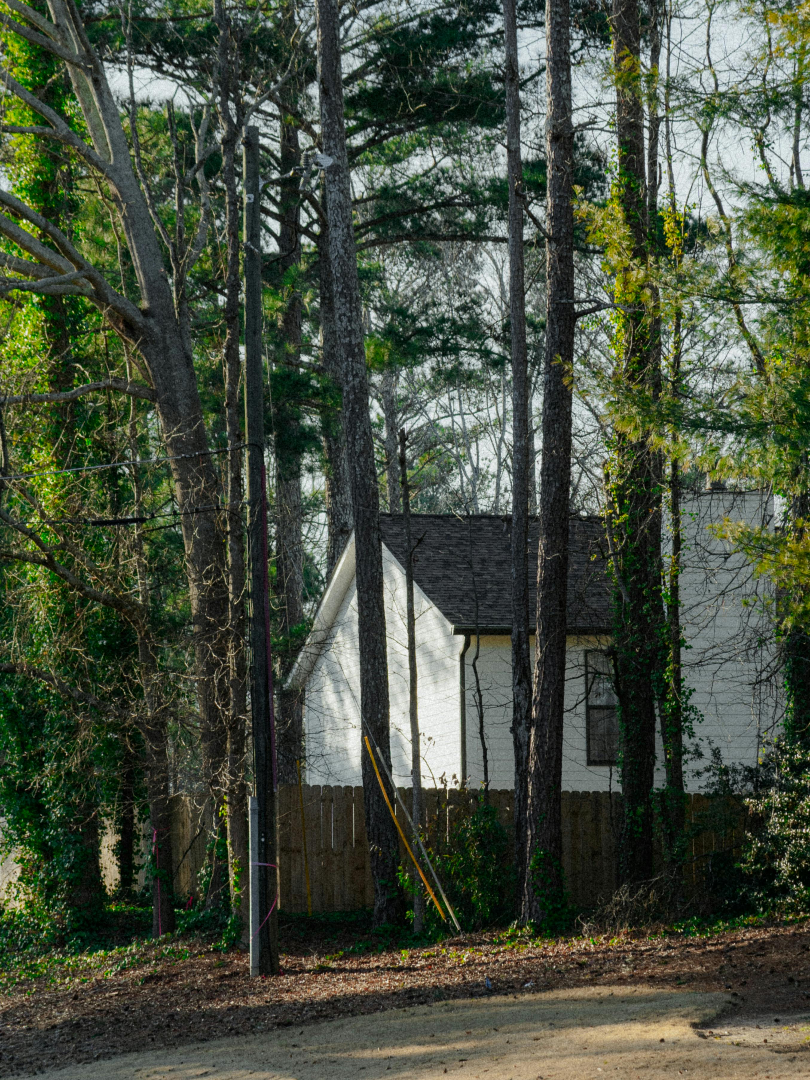 Kostenlos Ein abgelegenes weißes Haus, eingebettet zwischen hohen Bäumen in einer idyllischen Waldlandschaft bei Atlanta. Stock-Foto