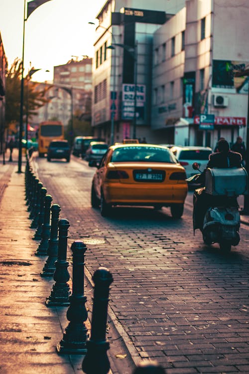 Traffic on busy urban street in downtown