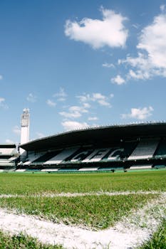 A sunny day view of the empty soccer stadium in Curitiba, Paraná, Brazil.