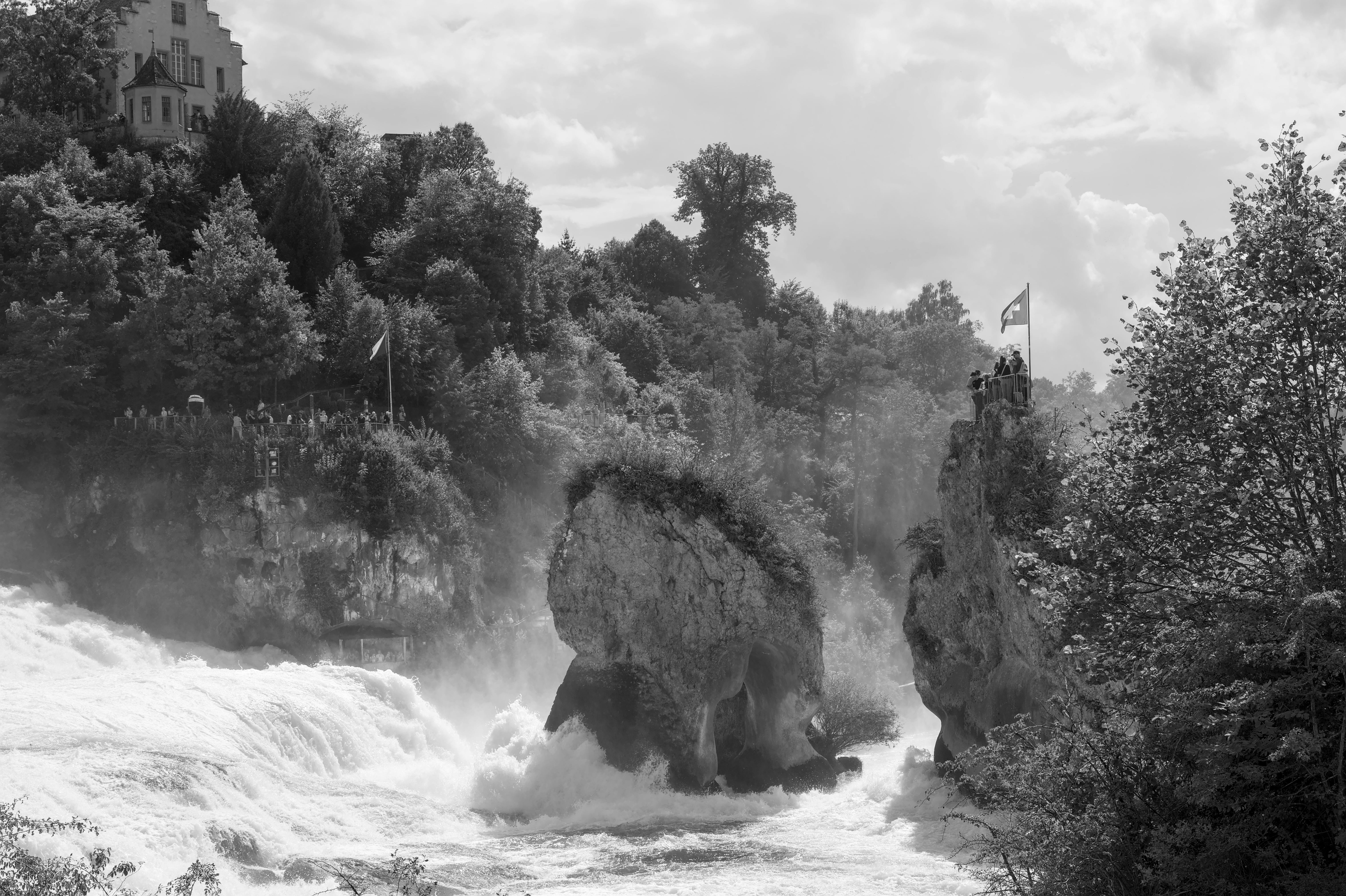 Black and white view of Rhine Falls with Swiss flag and lush surroundings. - Schaffhausen
