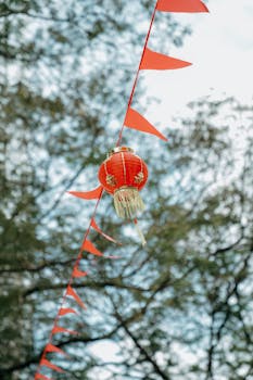 A vibrant red Chinese lantern with red pennants hanging outdoors against a tree backdrop.