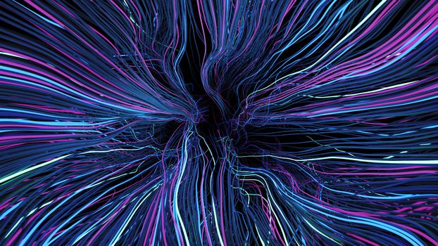 Dynamic blue and purple neon light streams create a mesmerizing abstract design.