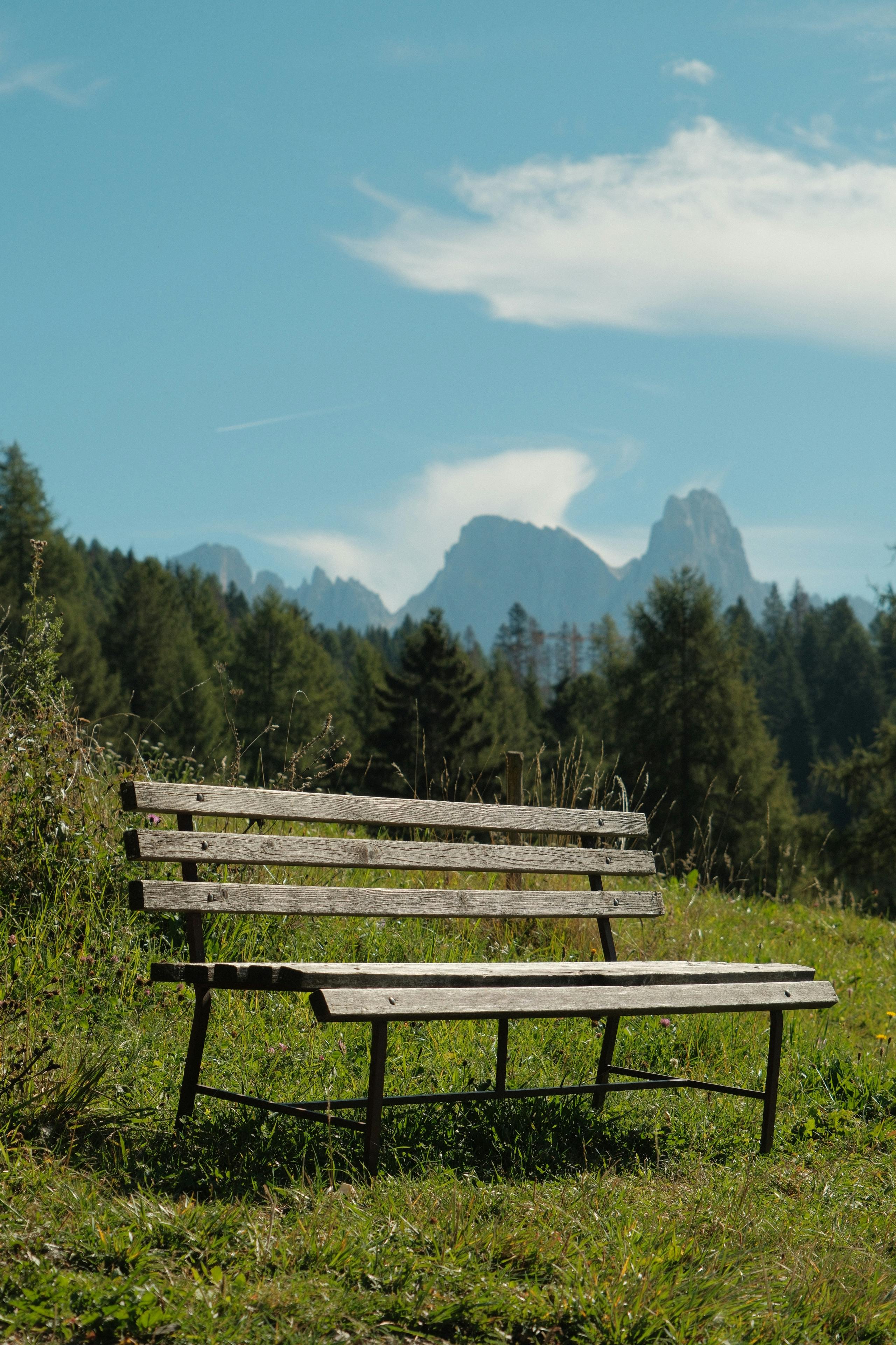 ฟรี ม้านั่งไม้ที่เงียบสงบพร้อมทิวทัศน์ภูเขา เหมาะสำหรับผู้รักธรรมชาติ คลังภาพถ่าย