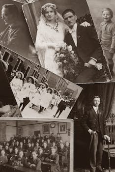 一幅怀旧的拼贴画展示了老式的黑白家庭照片