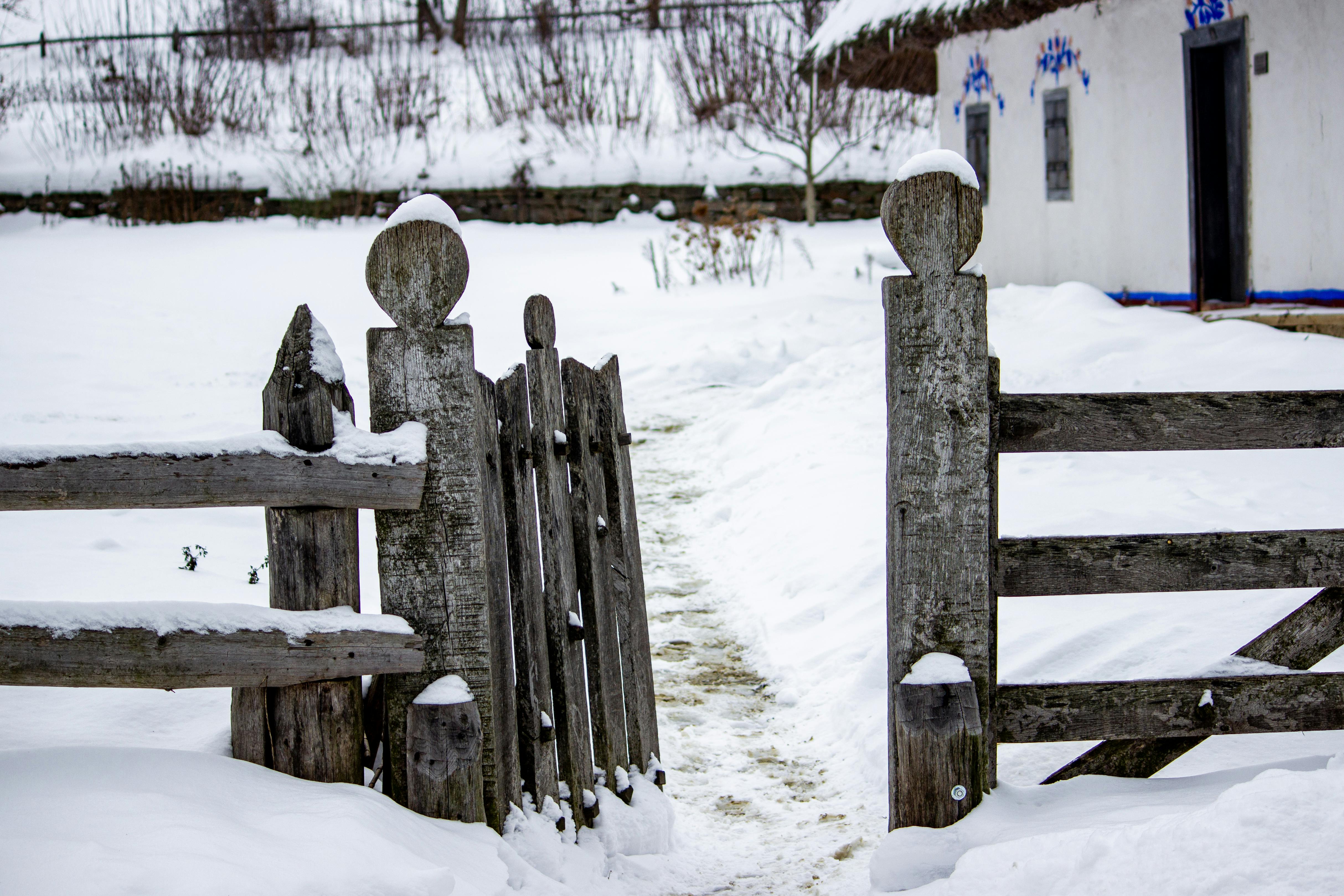 Ilmainen Lumen peittämä maalaismainen puinen aita johtaa perinteiseen taloon talvisessa ympäristössä. Kuvapankkikuva