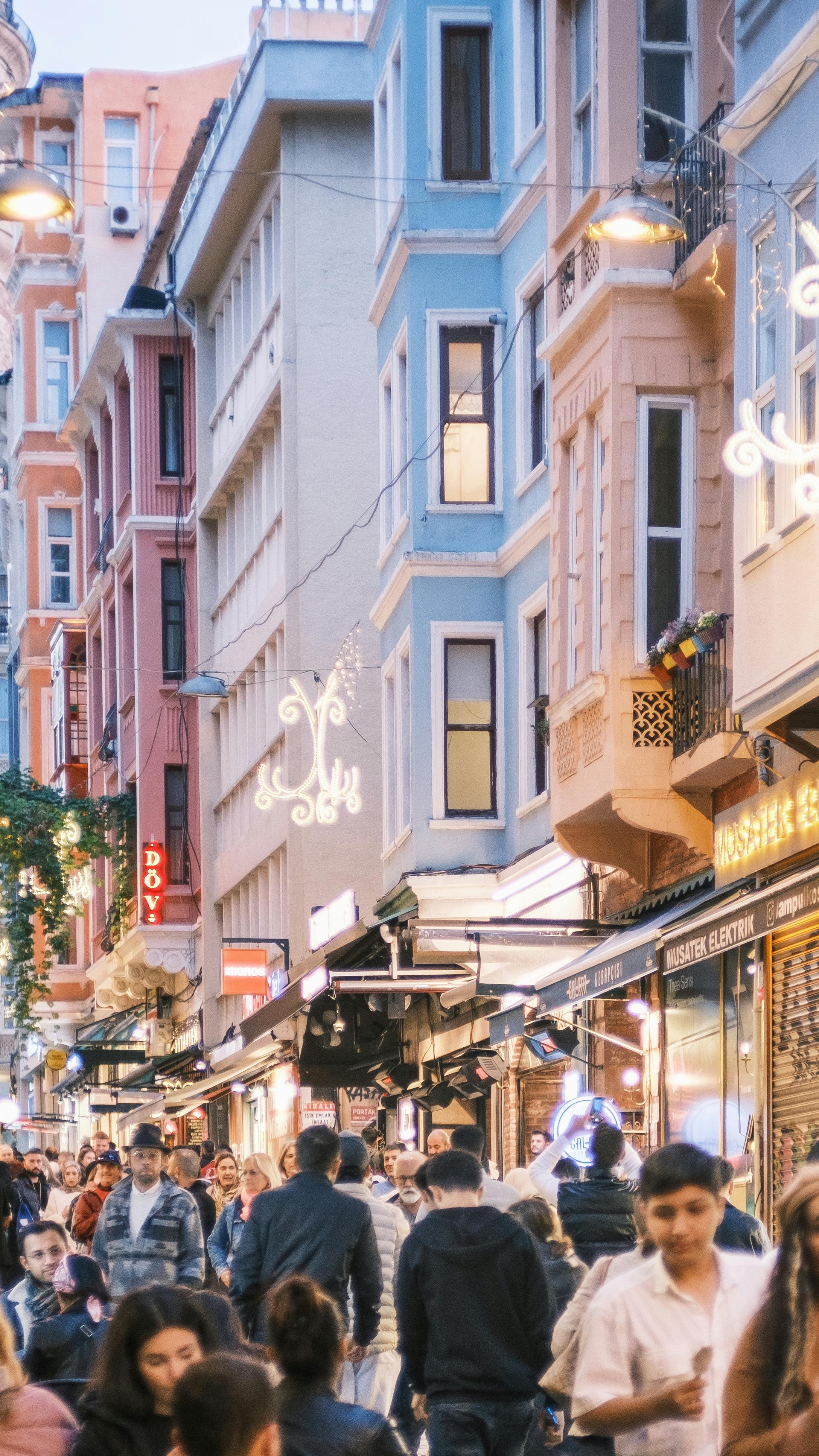 Bustling Street in European City at Dusk
