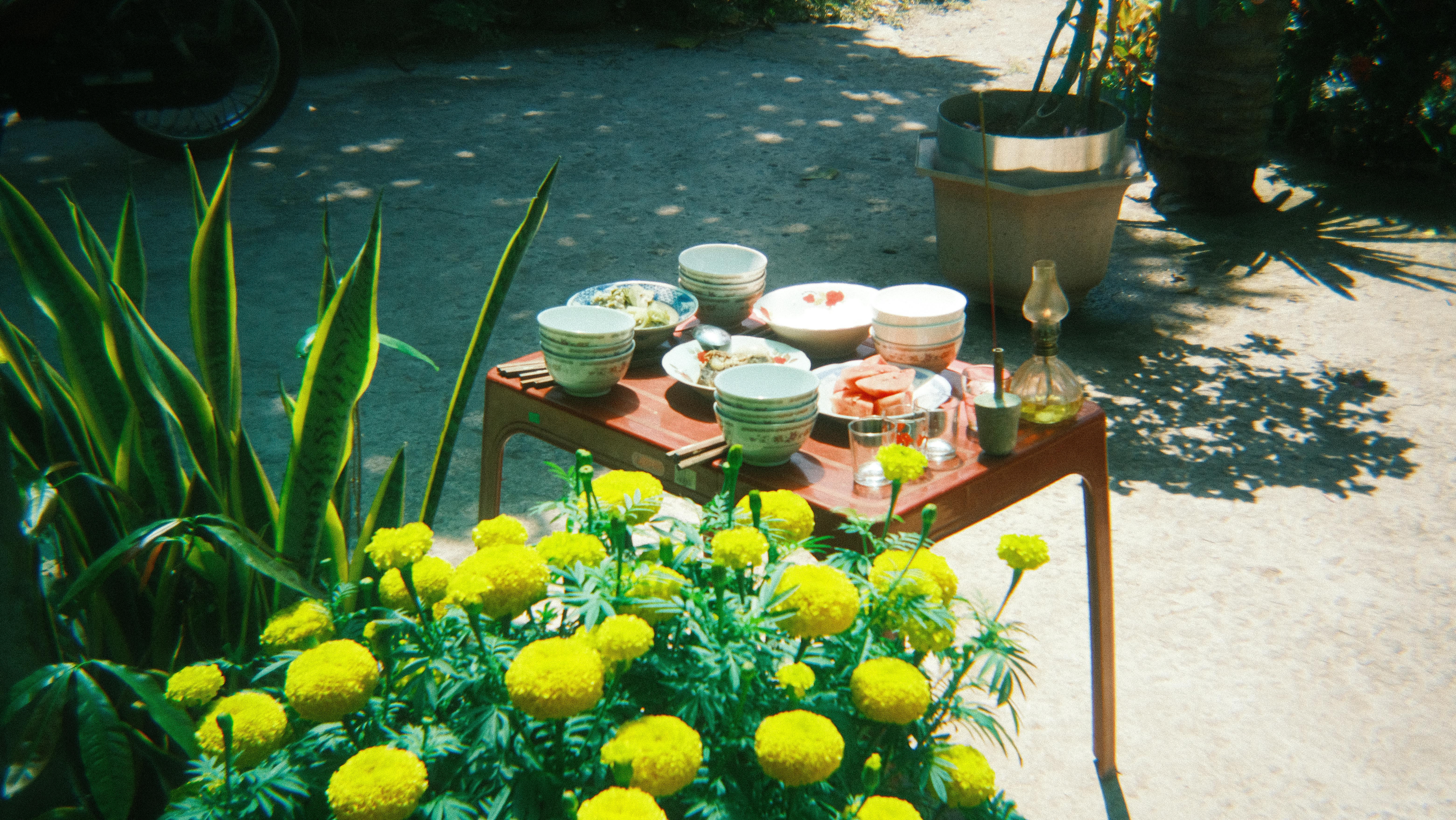 gratis Een buitenscène met een tafel gedekt met eten naast felgele goudsbloemen. Stockfoto