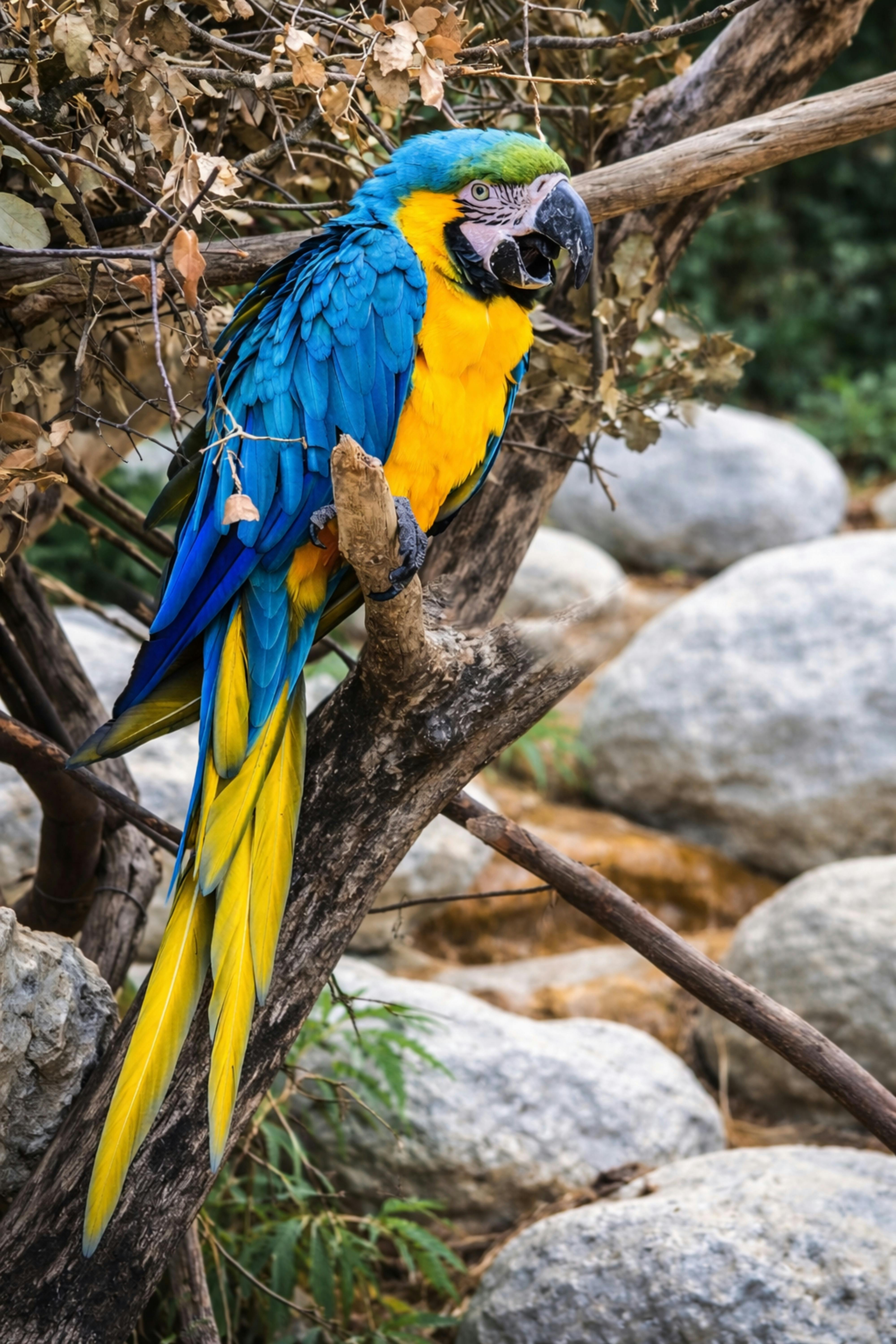 bezplatná Vertikální Fotografie Zářivě Modrého A žlutého Papouška Posazeného Na Větvi Stromu Z Divoké Přírody Základová fotografie