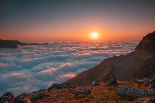 Stunning sunset view over mountains and clouds in Fındıklı, Rize, Türkiye.