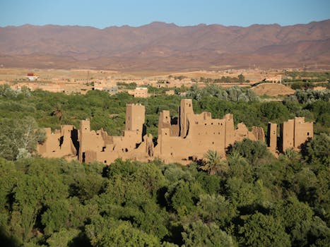 Aerial view of historic kasbah ruins amidst lush greenery in Kelâat M'Gouna, Morocco.