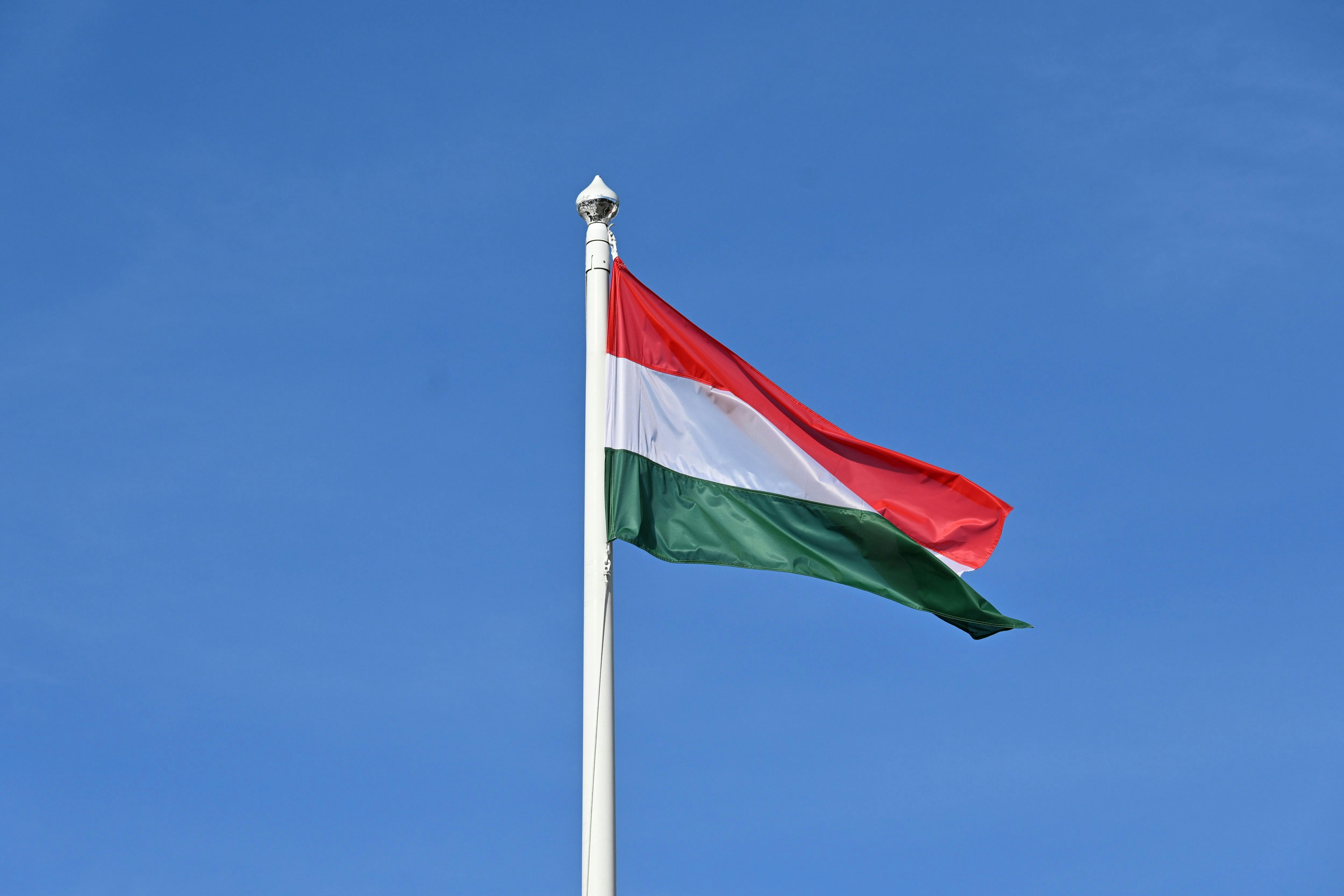 A vibrant Hungarian flag waving in a clear blue sky. Ideal for national pride visuals.
