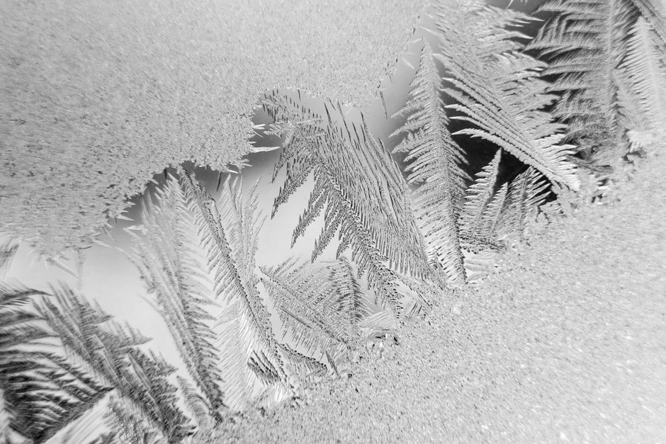 Detailed macro photo showcasing intricate frozen patterns on a window.