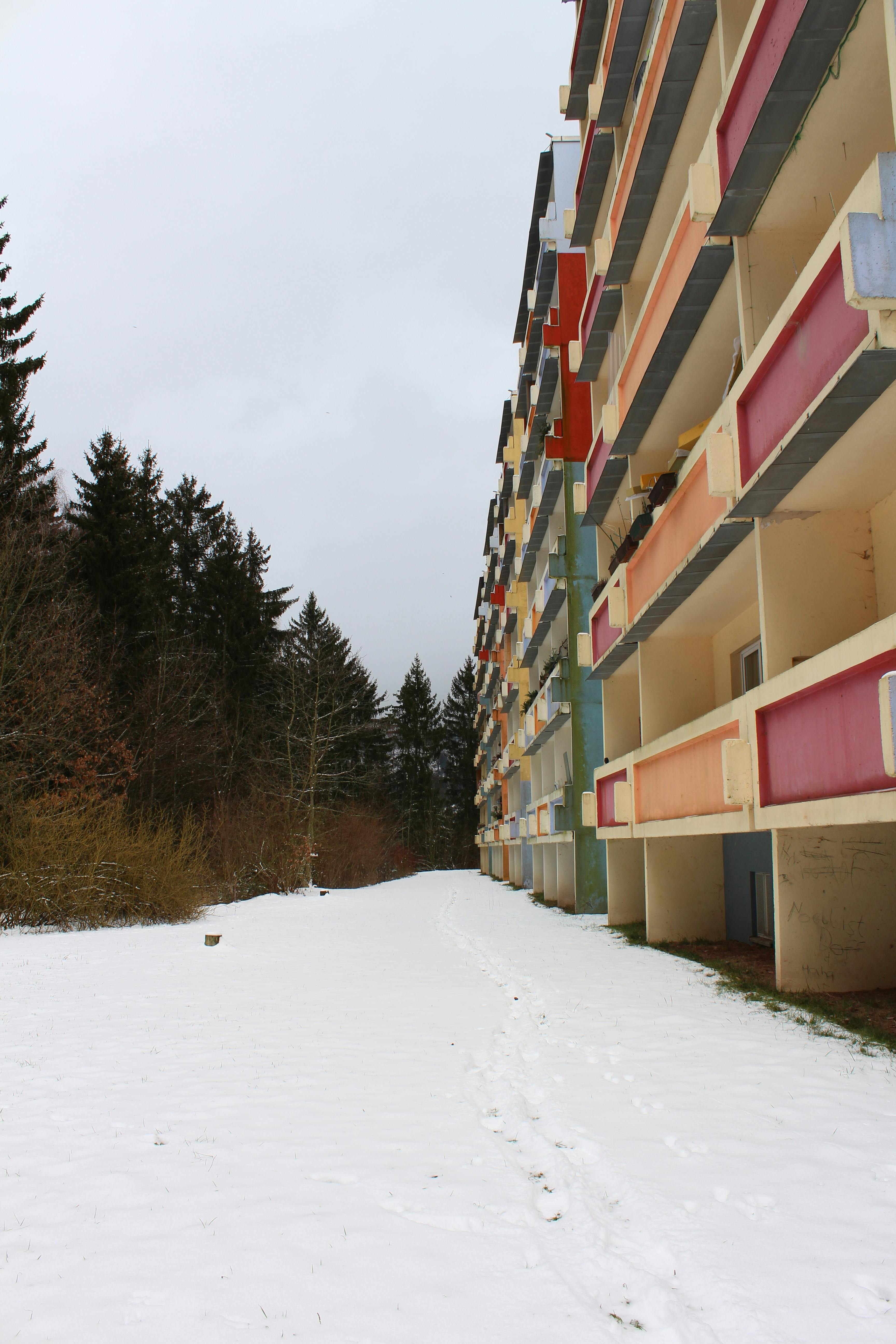 gratis De kleurrijke appartementen vormen een prachtig contrast met de sneeuw en het bos in een serene winteromgeving. Stockfoto