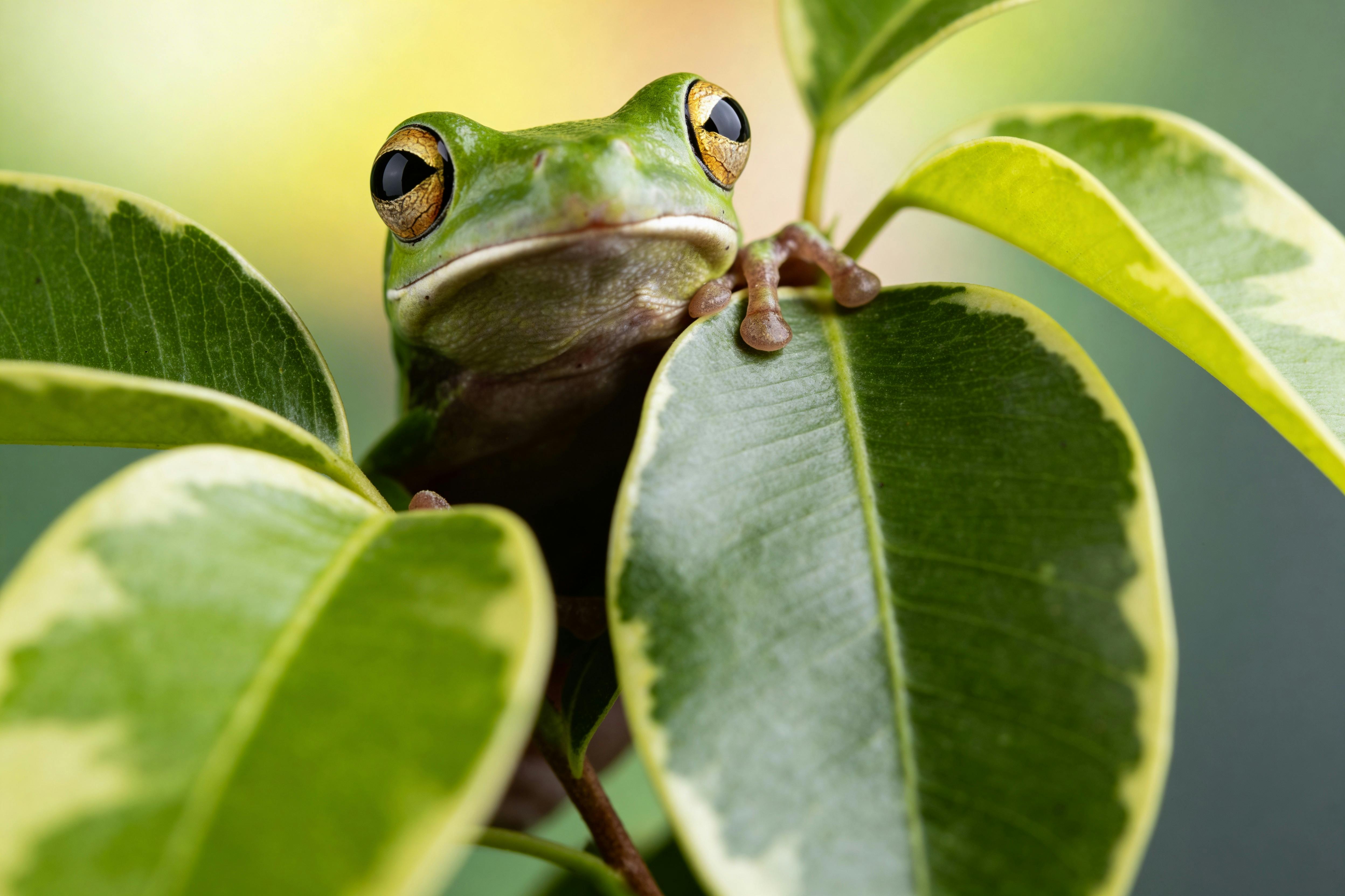 Close-up of a green tree frog peering through vibrant green leaves.