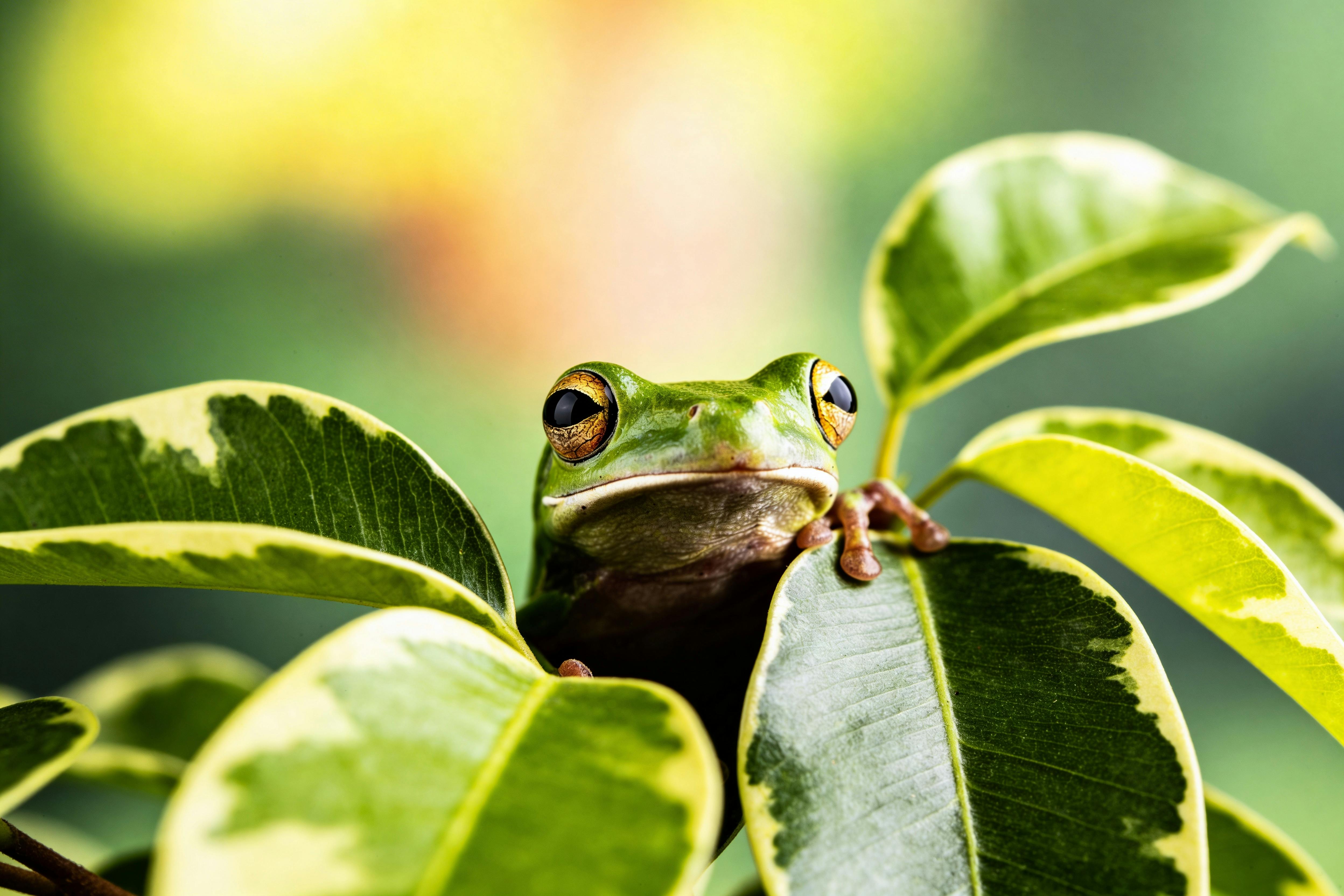 ฟรี กบต้นไม้สีเขียวสดใสเกาะอยู่บนพืชพรรณเขียวชอุ่ม แสดงให้เห็นถึงความงามตามธรรมชาติ คลังภาพถ่าย