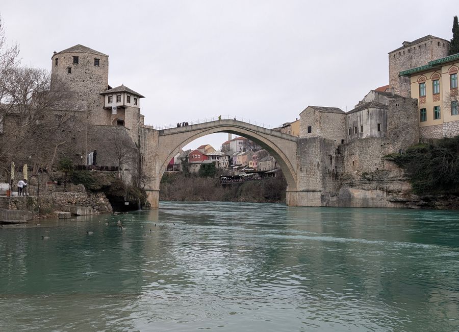 The iconic Stari Most bridge arches over the Neretva River in Mostar, Bosnia and Herzegovina.