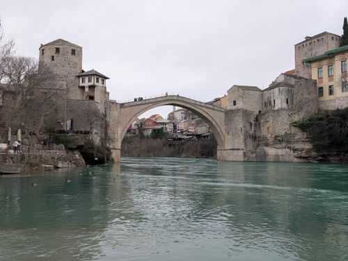 Free The iconic Stari Most bridge arches over the Neretva River in Mostar, Bosnia and Herzegovina. Stock Photo