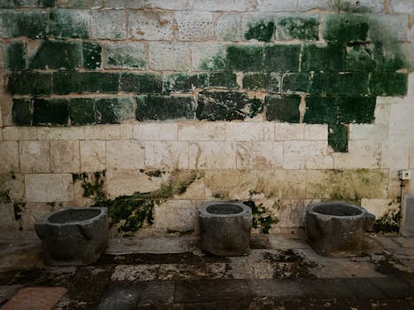 Three stone basins in front of an aged, moss-covered wall capture rustic charm.