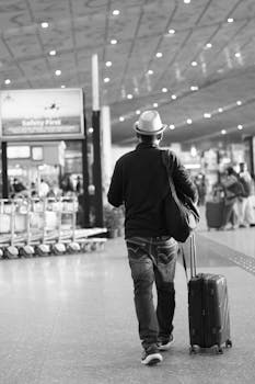 Back view of a traveler with suitcase in Kolkata airport terminal.