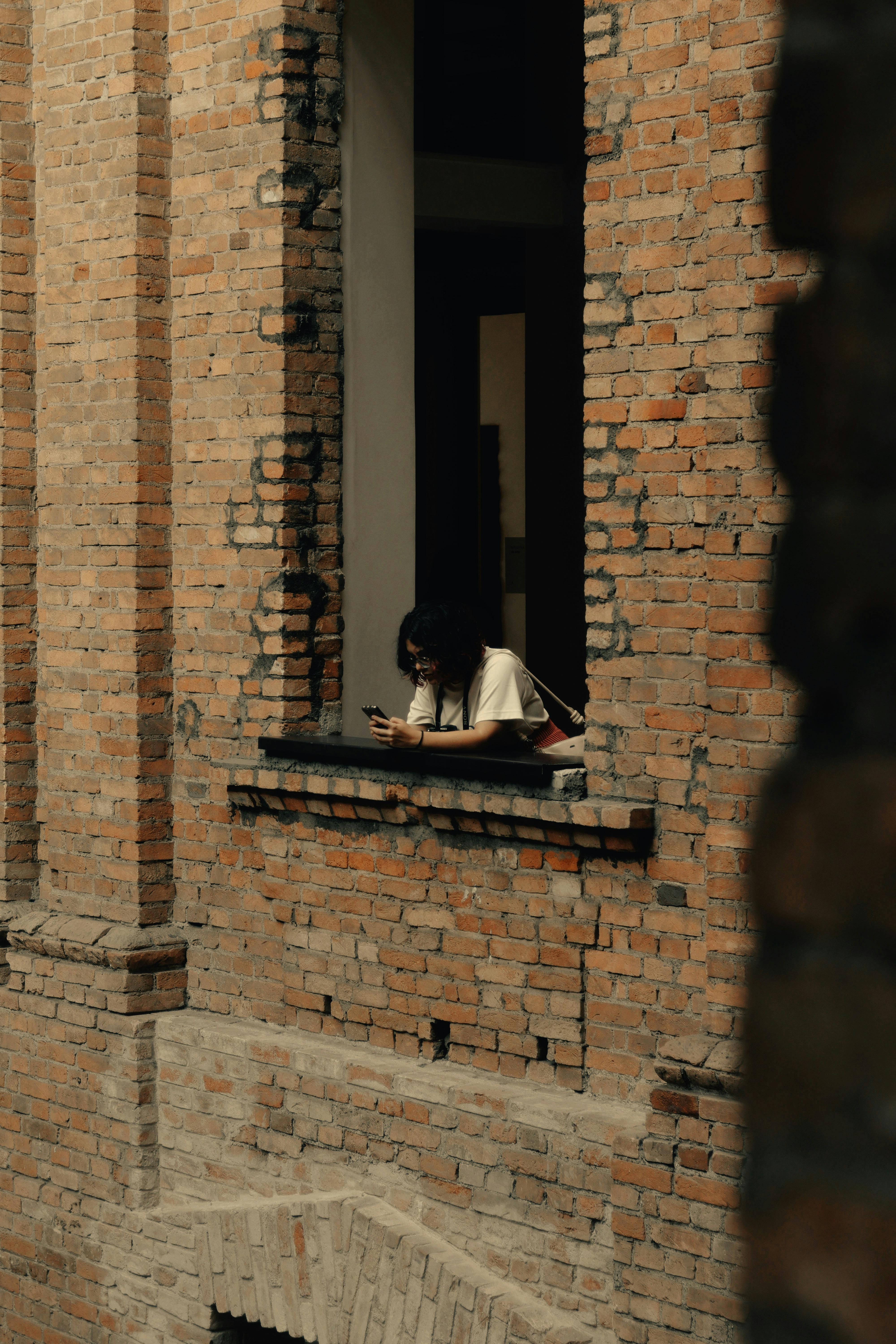 無料 ブラジルのサンパウロにあるレンガ造りの建物の窓から外を眺める女性が、穏やかな雰囲気を醸し出している。 写真素材