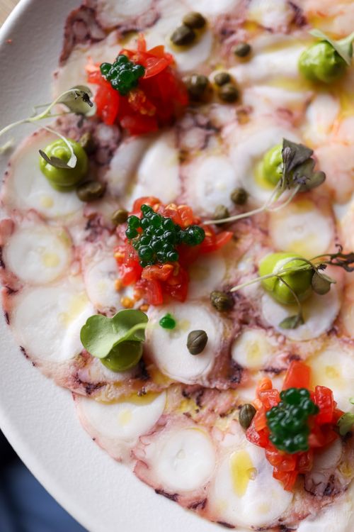 Free Delicious octopus carpaccio garnished with capers and fresh herbs, elegantly plated. Stock Photo