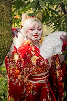 Woman in vibrant kimono with traditional makeup holding a fan in a lush park.