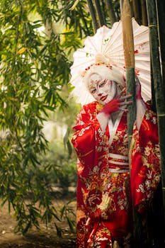 Elegant portrayal of a traditional Japanese kimono in a bamboo forest setting.