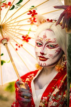 Vibrant geisha-inspired portrait with artistic makeup and a traditional umbrella.