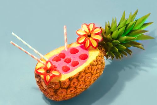 Free Vibrant pineapple smoothie served in a pineapple shell with raspberries and straws. Stock Photo