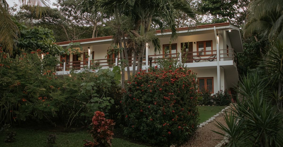 Beautiful tropical hotel surrounded by lush greenery in Costa Rica.