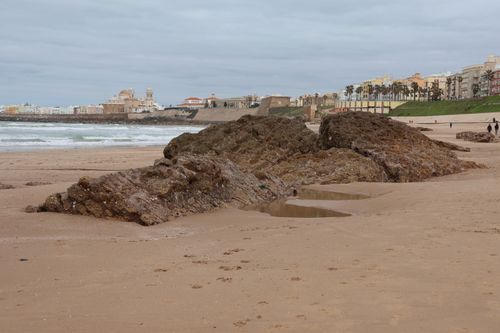 Free Rocky beach with ancient city walls in Cádiz, capturing the blend of nature and history. Stock Photo
