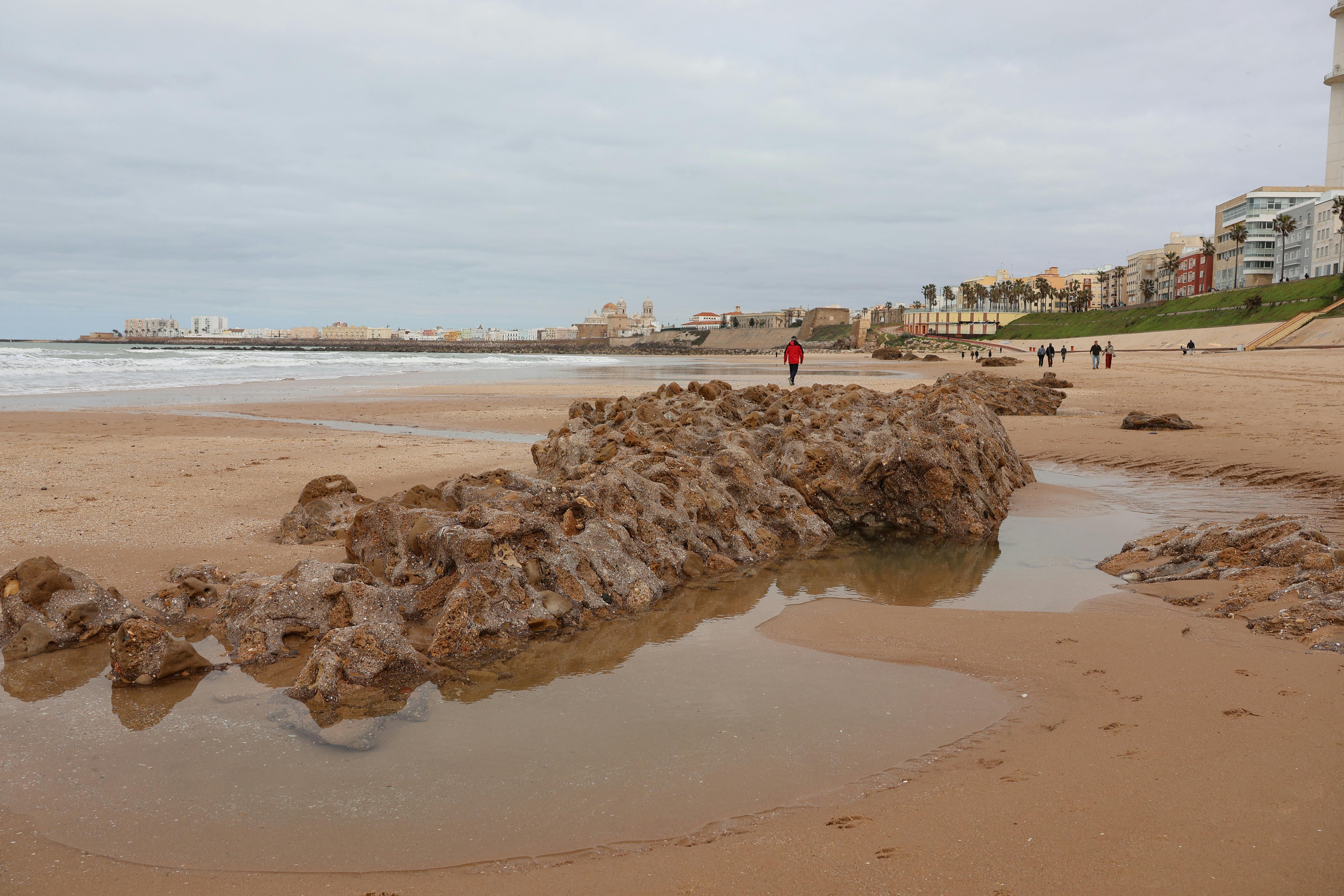 bezplatná Prozkoumejte klidnou pláž Cádiz se starobylými městskými hradbami a oceánskými vlnami pod zataženou oblohou. Základová fotografie