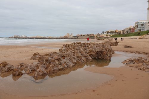 Free Explore the serene Cádiz beach with ancient city walls and ocean waves under a cloudy sky. Stock Photo