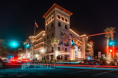 Free Long exposure of Casa Monica Hotel in St. Augustine, Florida, during festive night with bright lights. Stock Photo