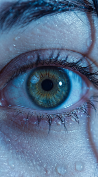 Detailed macro shot of a human eye with water droplets, capturing vivid details.