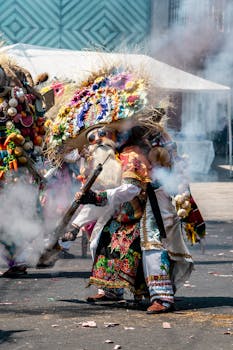 Colorful street festival with traditional costumes and smoke effects.